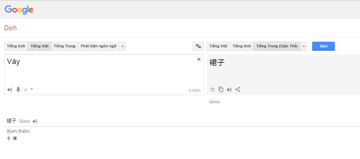 Sử dụng google dịch để dịch từ tiếng Việt sang Tiếng Trung
