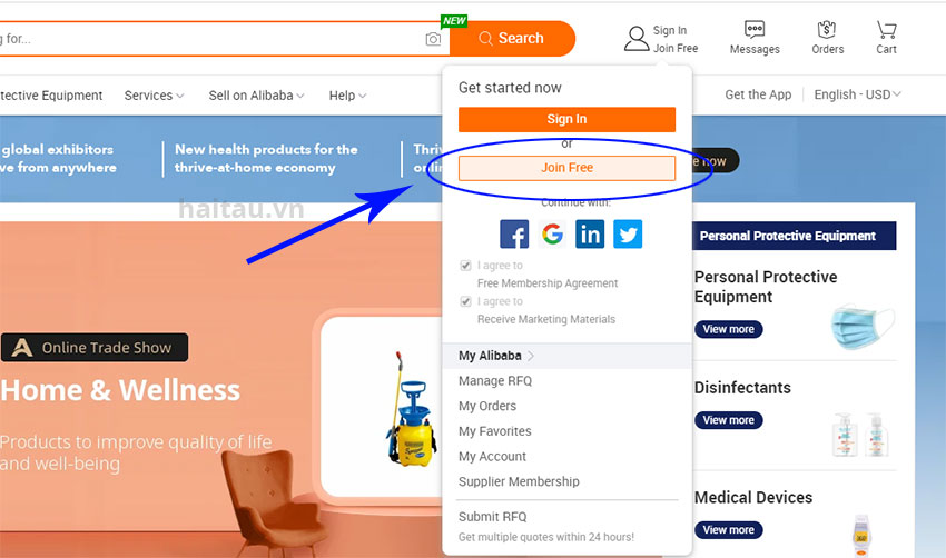 Hình 1. Lựa chọn đăng kí tài khoản Alibaba Hình 1. Lựa chọn đăng kí tài khoản Alibaba