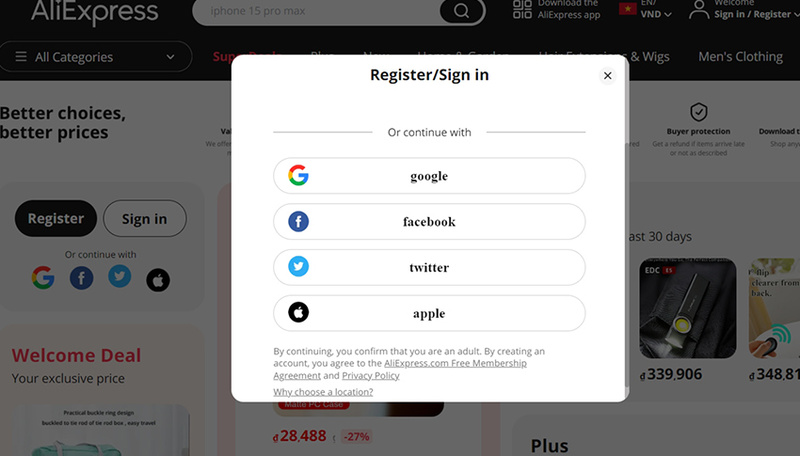 Cách tạo tài khoản Aliexpress và đăng nhập bằng tài khoản Facebook, Google, VK 