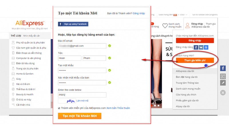 Cách tạo tài khoản Aliexpress bằng email