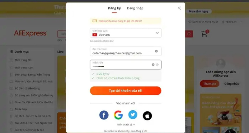 Lưu ý sử dụng email hợp lệ khi đăng ký Aliexpress