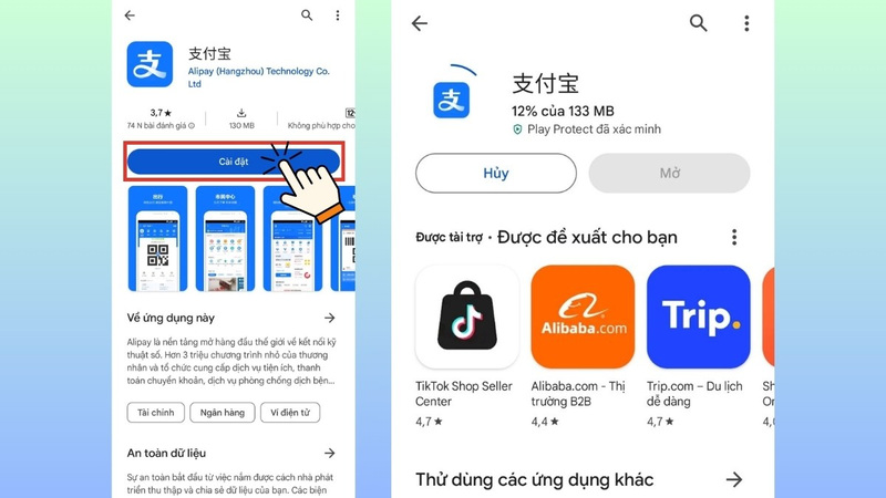 Trước tiên cần tải app Alipay về điện thoại