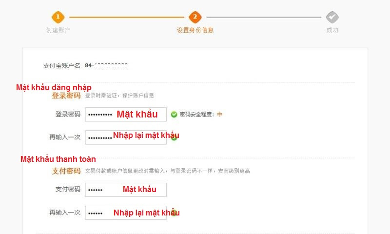 Nhập đầy đủ mật khẩu đăng nhập và mật khẩu thanh toán
