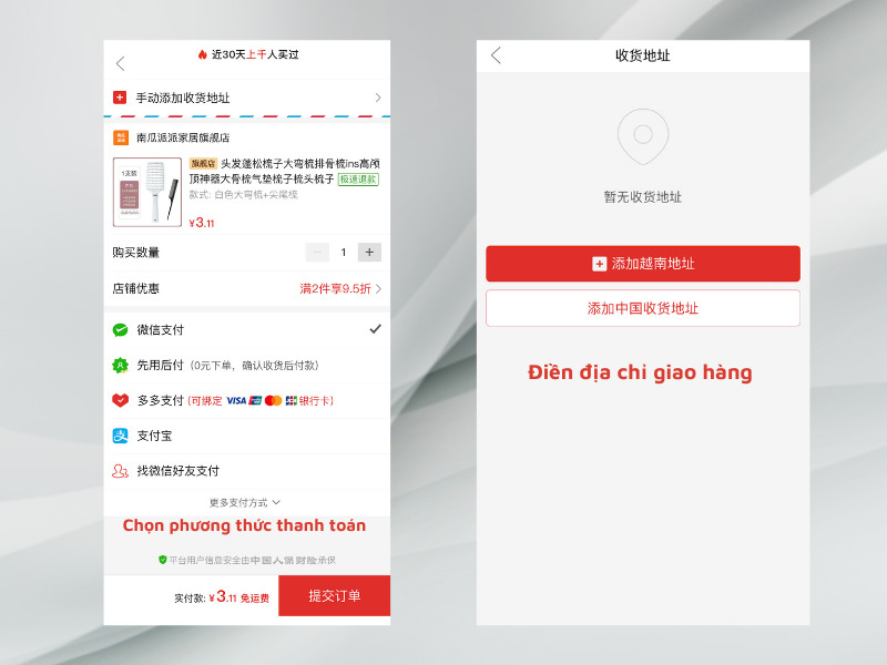 Lựa chọn phương thức thanh toán để hoàn thiện đơn mua hàng trên Pinduoduo