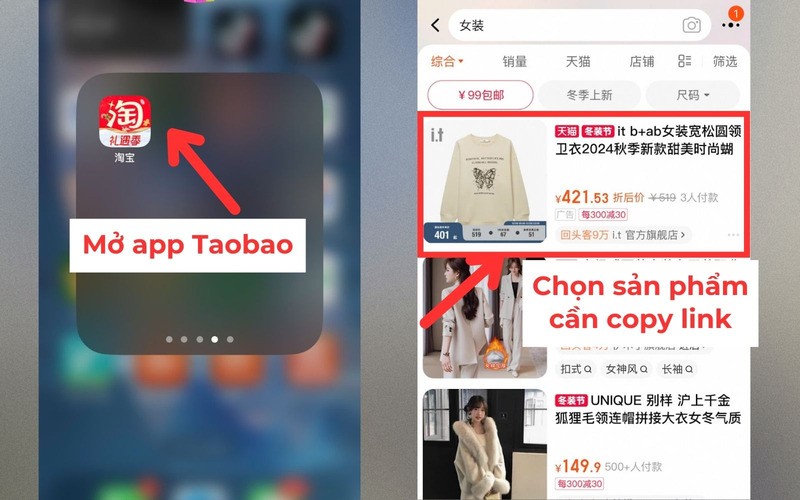 Cách copy link sản phẩm trên Taobao. Mở app Taobao và tìm kiếm sản phẩm cần lấy link